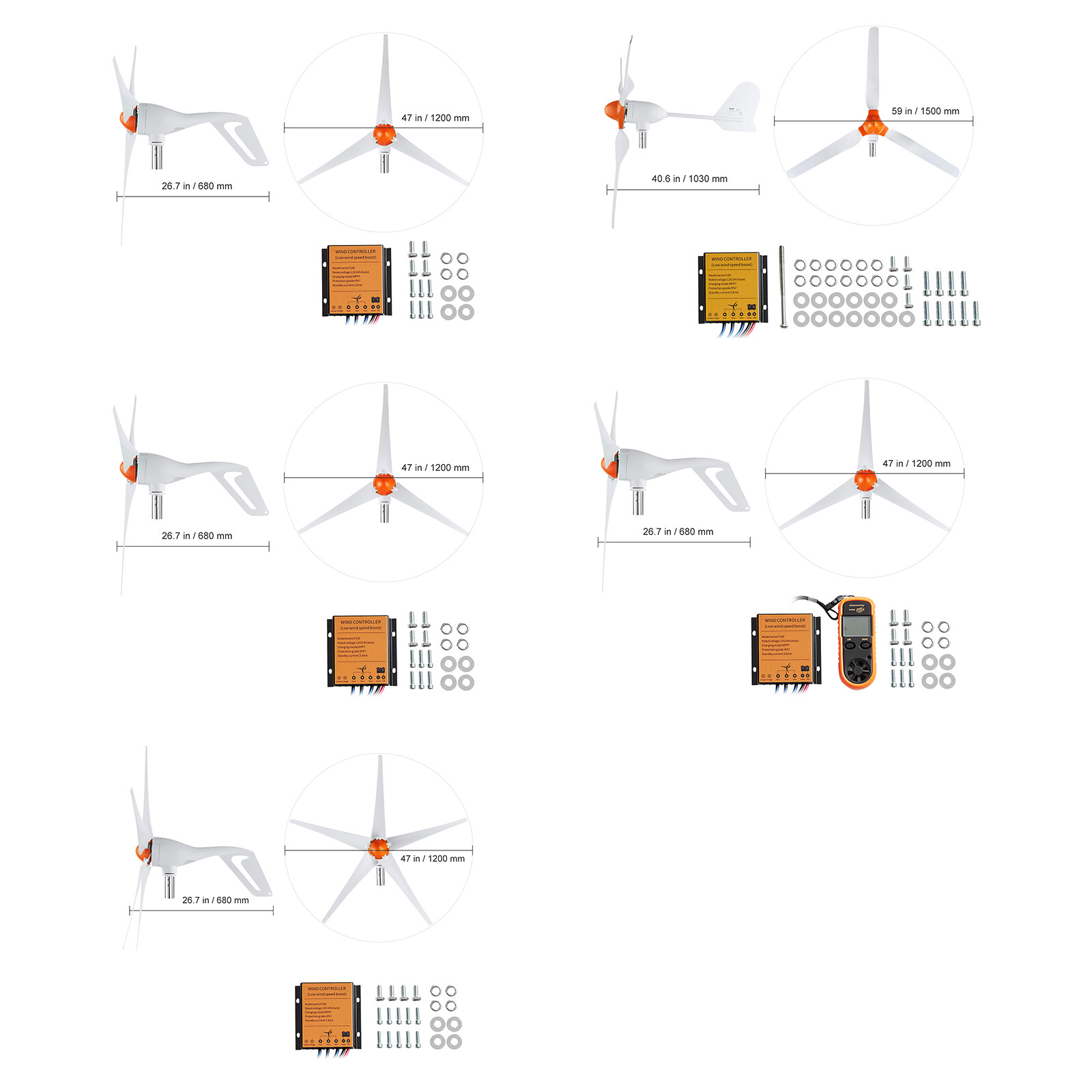 500/800W Wind Turbine Generator 12/24V 3/5-Blade Wind Turbine Kit