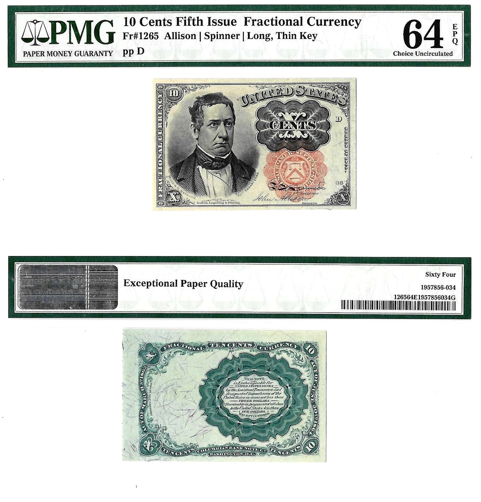 10 Cents Fifth Issue Fractional Currency Fr. 1265 PMG Choice UNC 64 EPQ