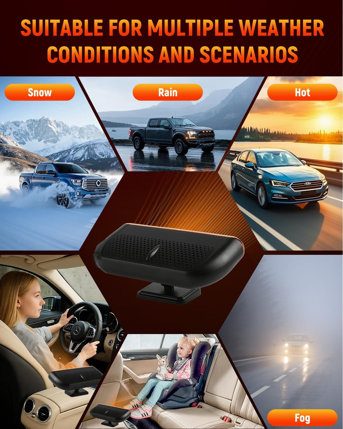 Car Heaters for Vehicle, 12V Portable Heater for Car, 3-In-1 Plug in Car Heater,