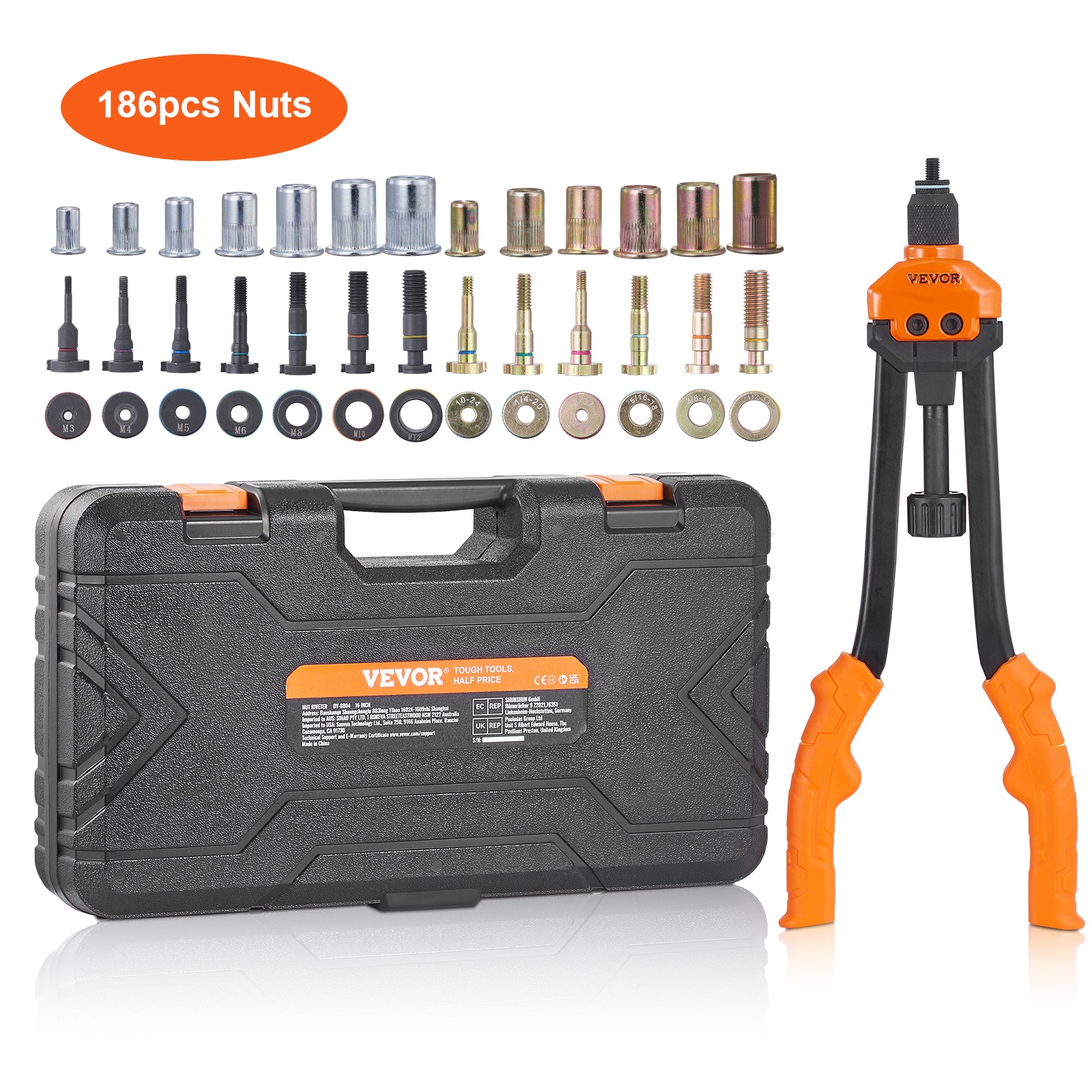 VEVOR Rivet Nut Tool 16in Rivnut Tool Kit 13 PCS Mandrels and 186 PCS Rivet Nuts