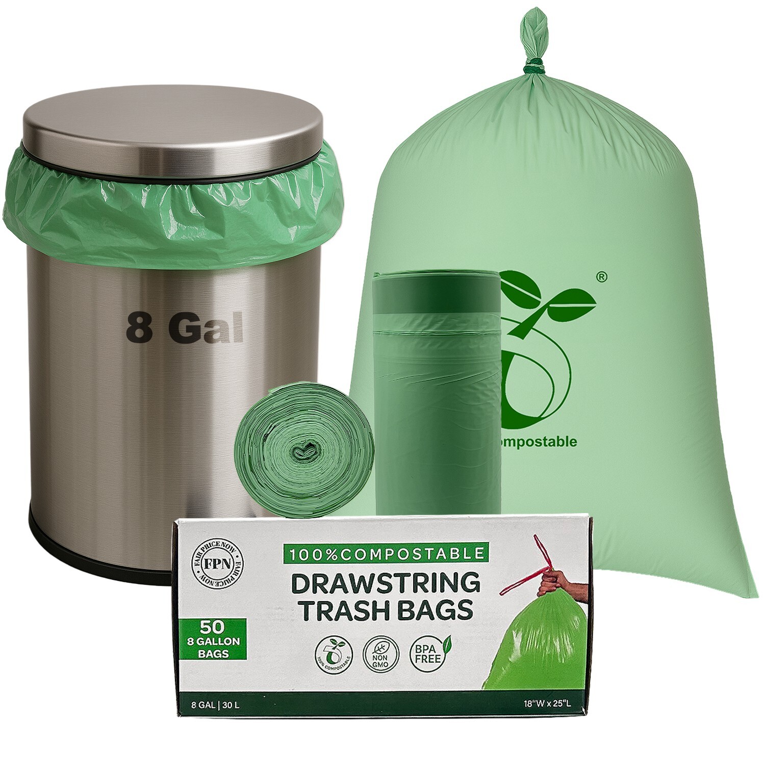 Trash Bags 100% Compostable Durable Garbage Bags 3, 8, 13 & 30 Gallon 0.67 Mil