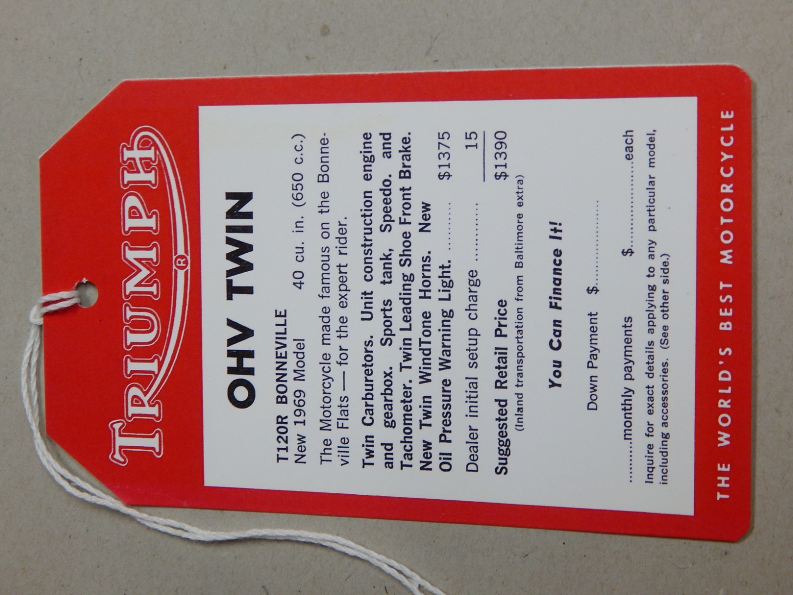 TRIUMPH DEALER SHOWROOM HANG TAG BONNEVILLE T120R 1969 - REPRO - 650 GIFT TRICOR