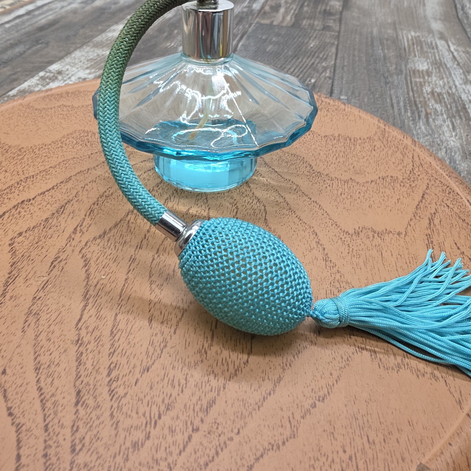 Vintage 4" Diameter Blue Perfume Bottle Atomizer With Tassle Glamor Era