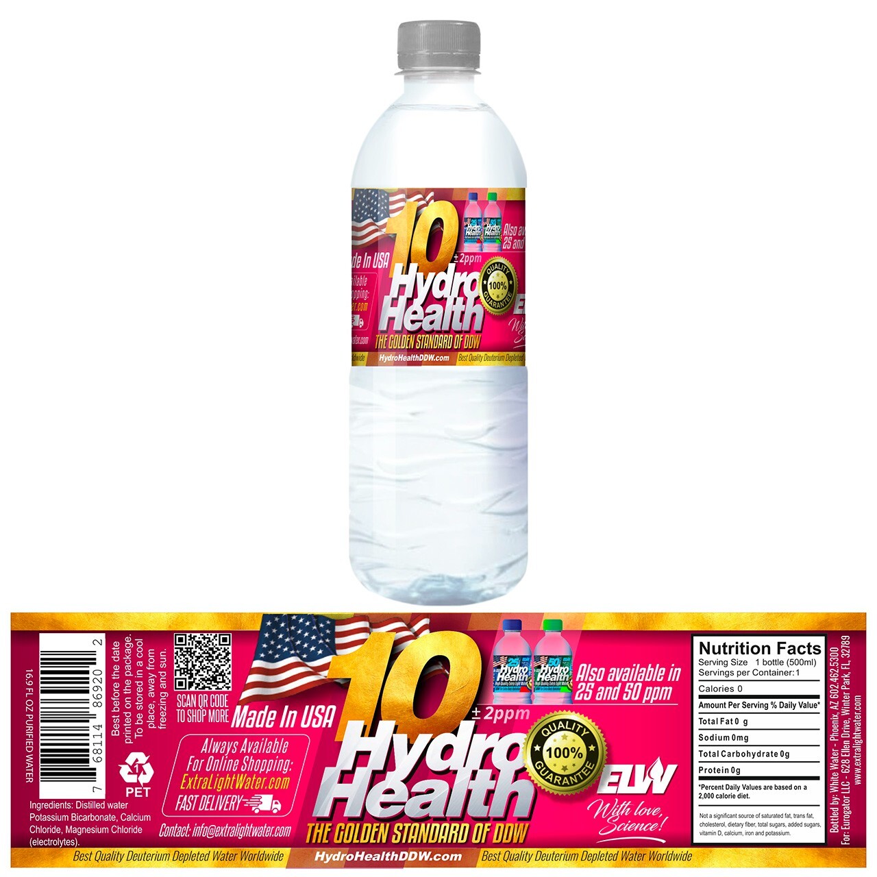 Deuterium Depleted Water 10 ppm Hydro Health 24 pcs x 500ML,free S&H to Cont.US