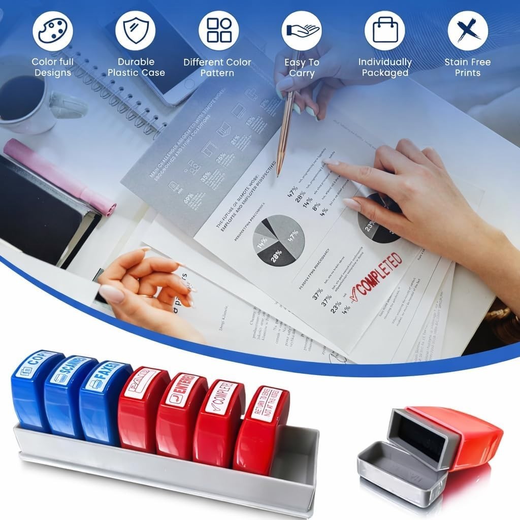 8PCS Office Stamps Set, Paid Scanned Approved Copy Faxed Completed Entered Re...