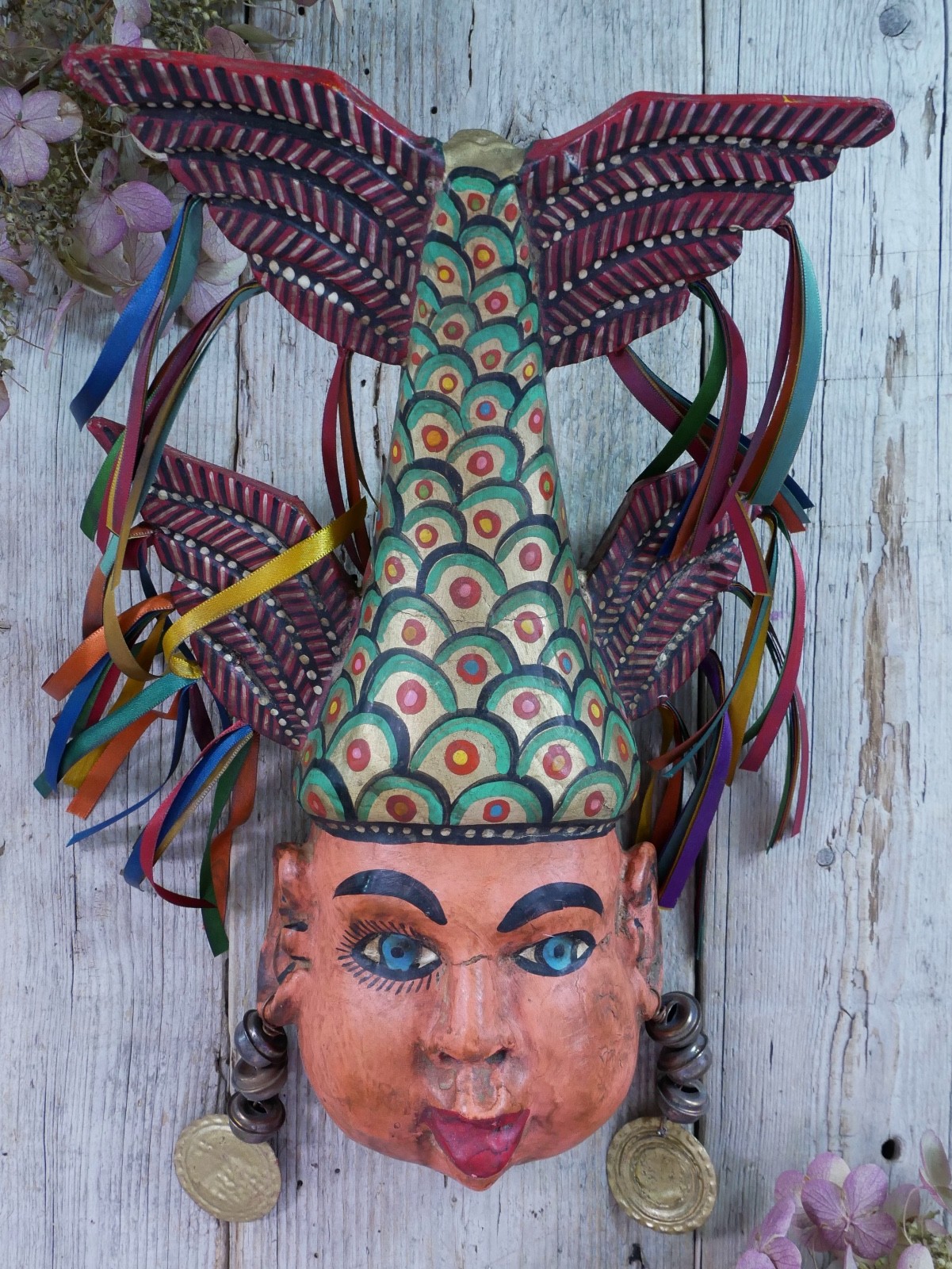 Merman Face & Fish Tail Mask Wood Hand Carved Painted Guerrero Mexican Folk Art