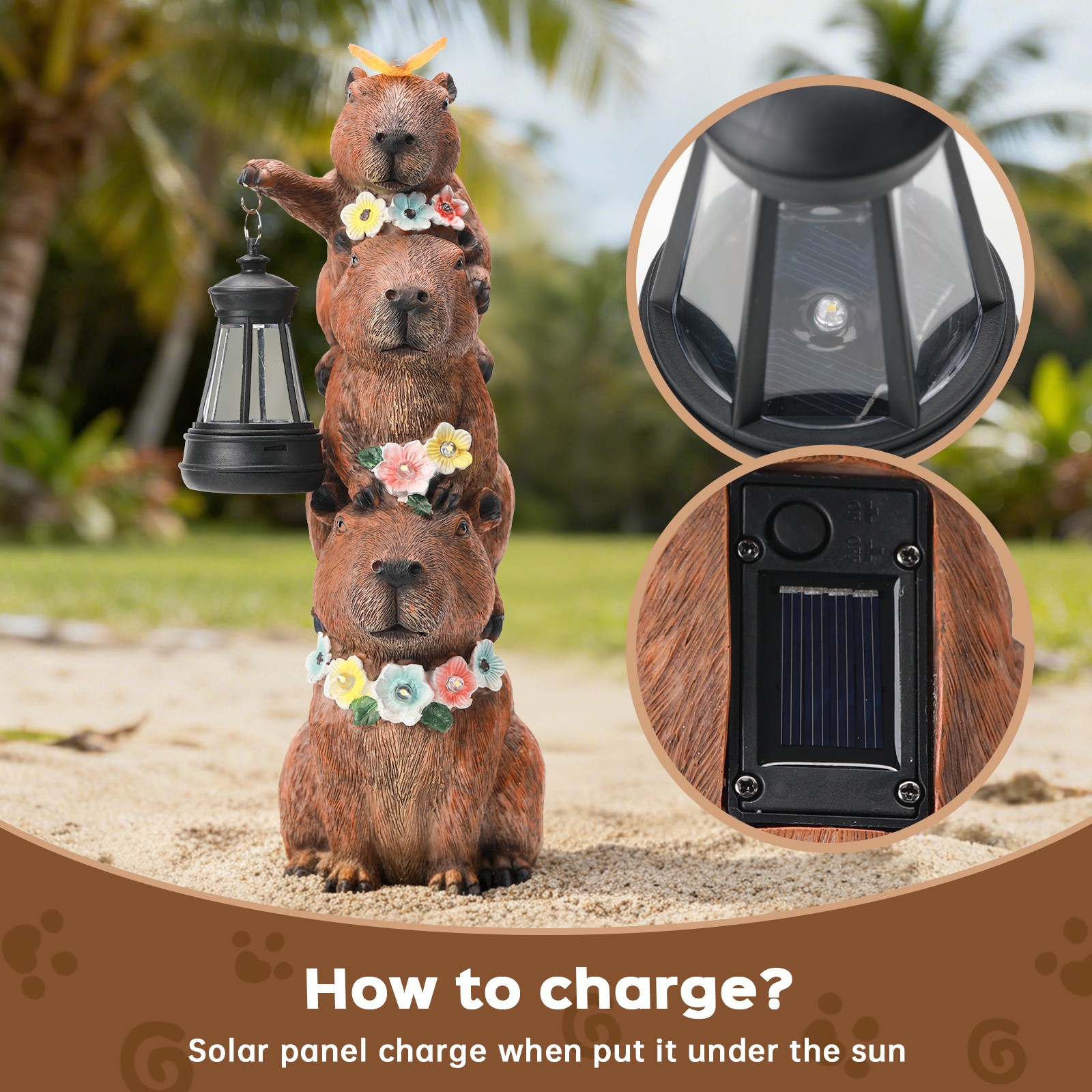 Solar-Powered Capybara Statue with LED Lights & Flowers - Outdoor Decor