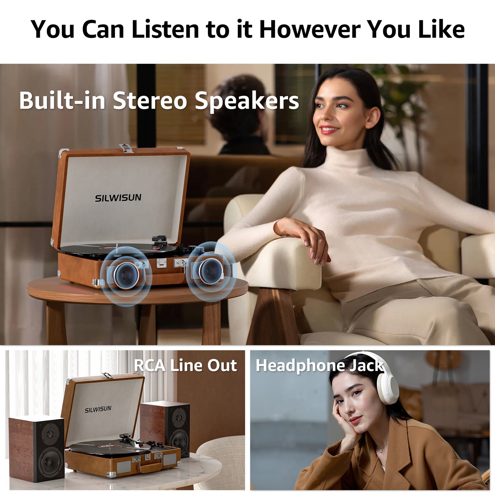 Vinyl Record Player Bluetooth Vintage 3-Speed Portable Suitcase Turntables