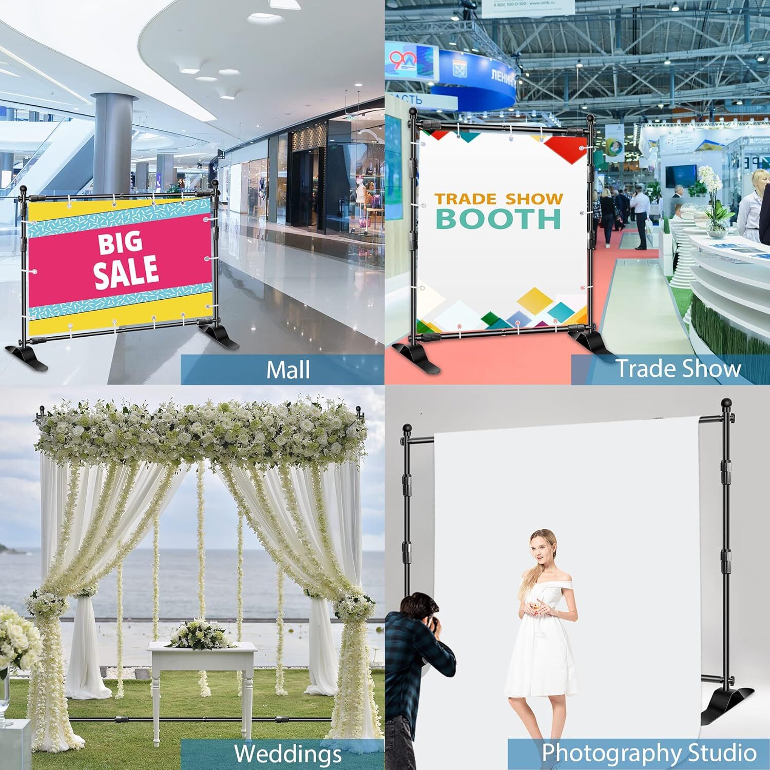 8x10 ft Banner Stand Heavy-Duty Backdrop Stand Telescopic Adjustable Repeat Step