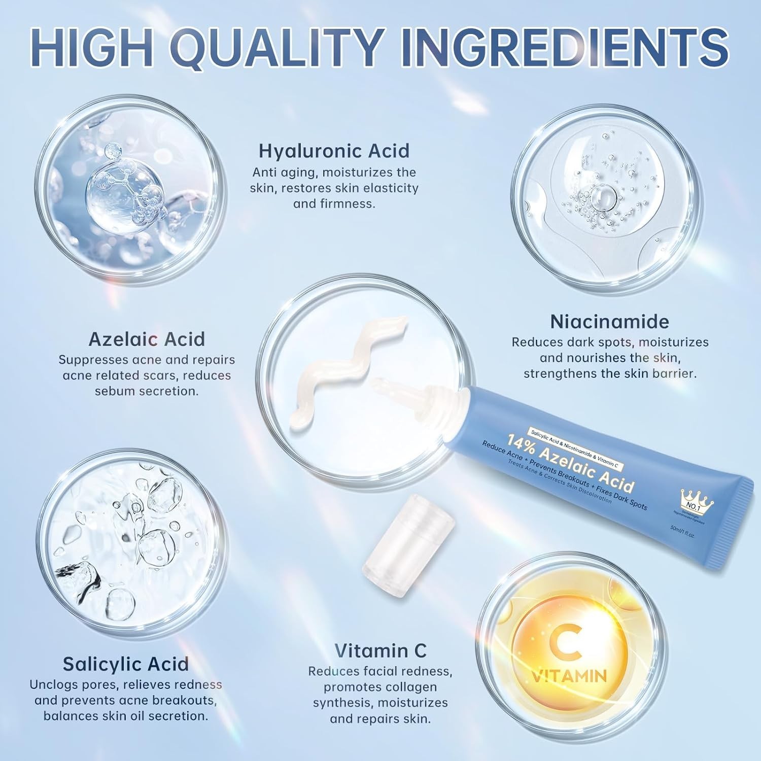 Azelaic Acid 14% Acne Cream for Redness Relief, Dark Spots, Facial Serum with Ni