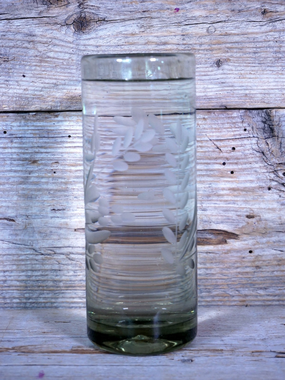 Set of 4 Tall Lemonade Glasses Handblown Hand Etched Pale Green Mexican Folk Art