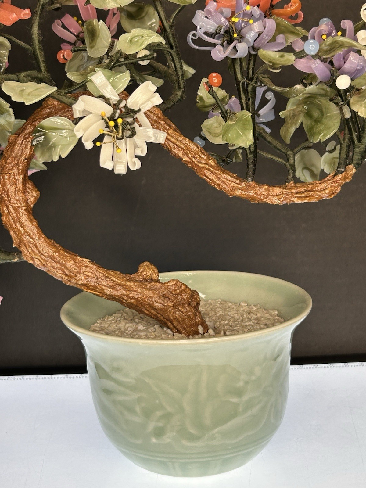 Vintage Chinese Jade Quartz Stone Glass Bonsai Tree Celadon Pot Curly Leaf Large