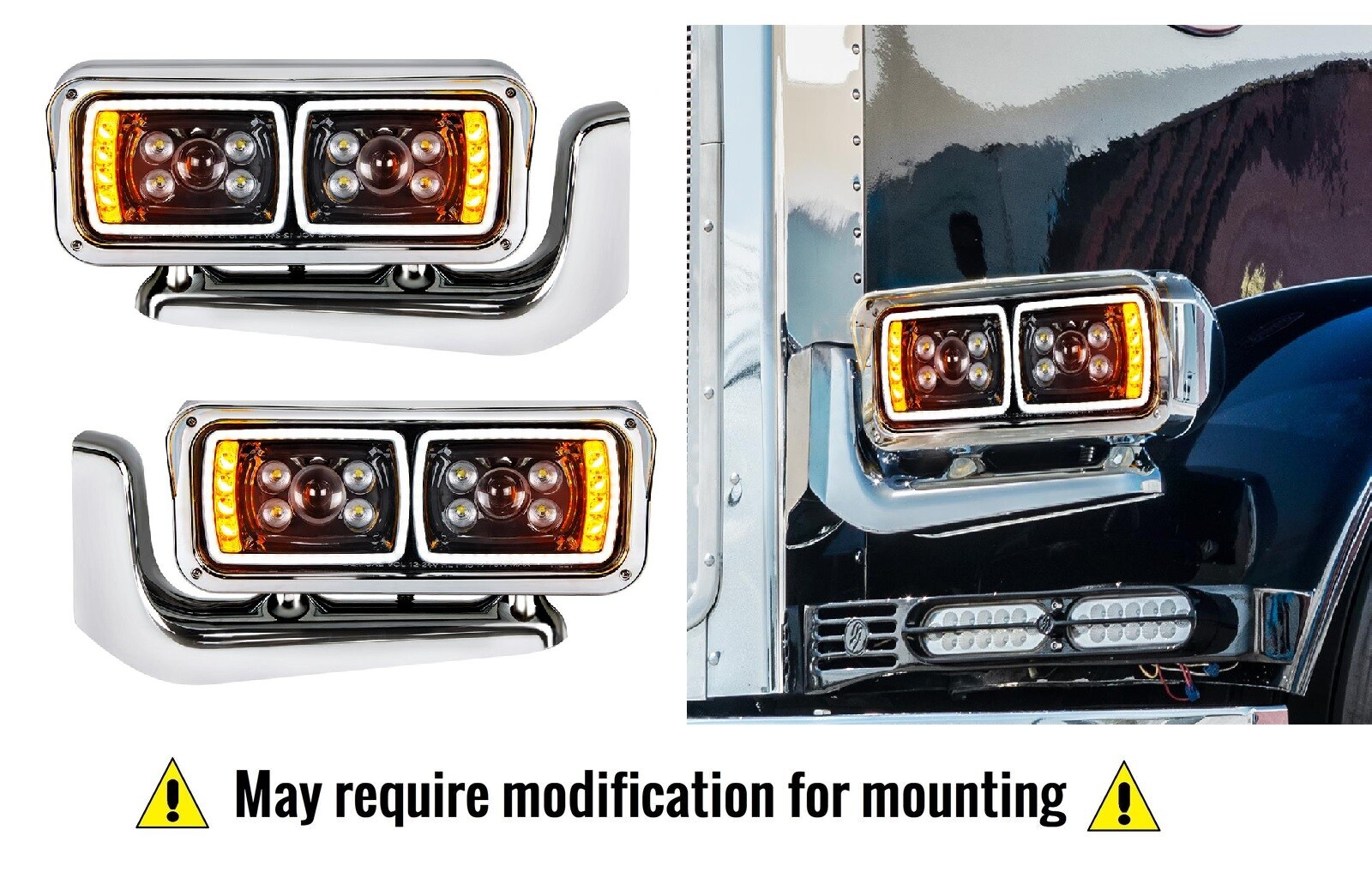 Pair All LED Blackout Headlights - Full Assembly w/ Mounting Arms For Peterbilt