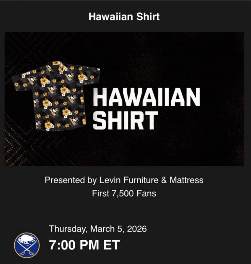 Pittsburgh Penguins Hawaiian Style Patterned Shirt SGA Giveaway 3-5-26 Sz XL New