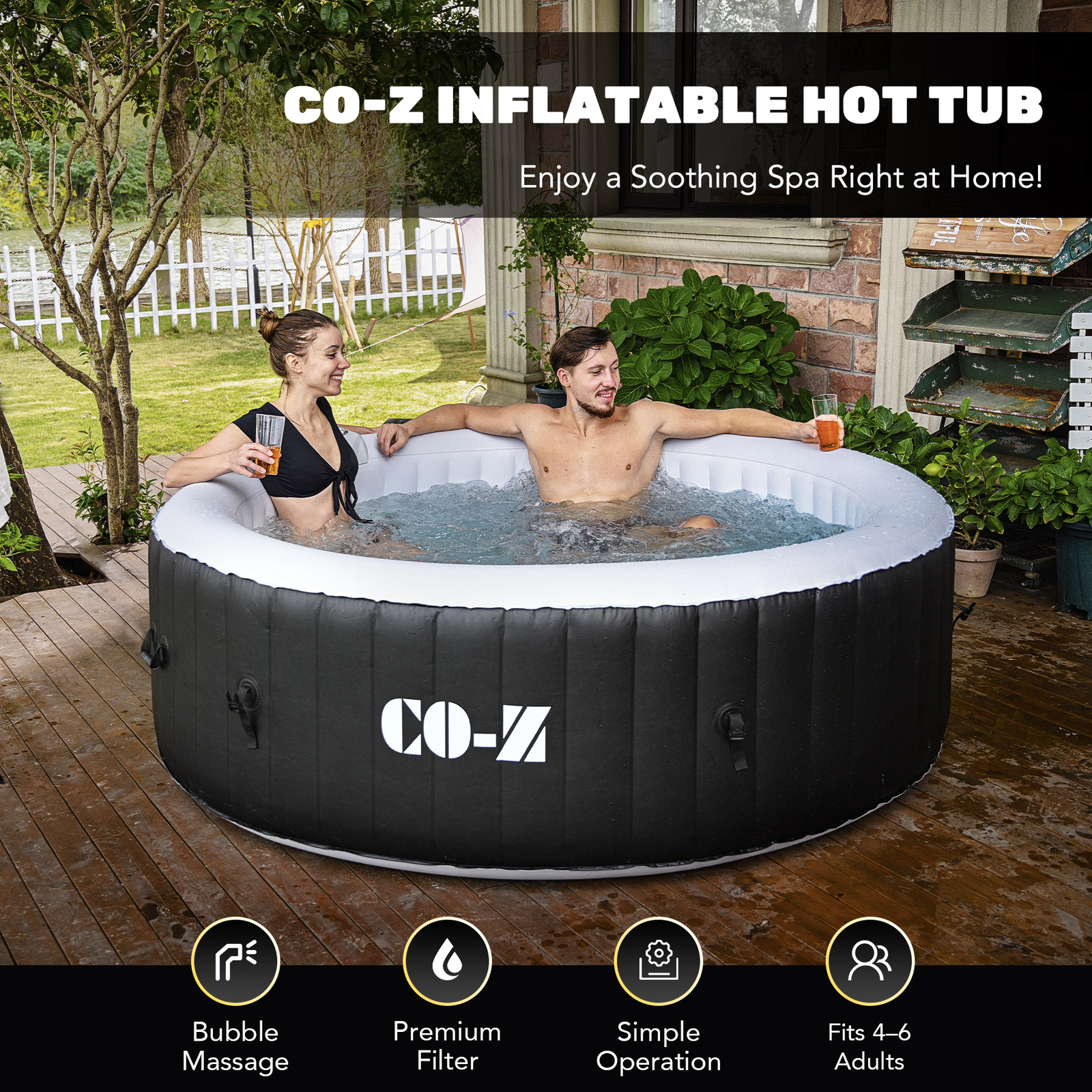 CO-Z Blow Up Hot Tub with 130 Jets for Sauna Pool Bath 6 Person Outdoor Spa Tub