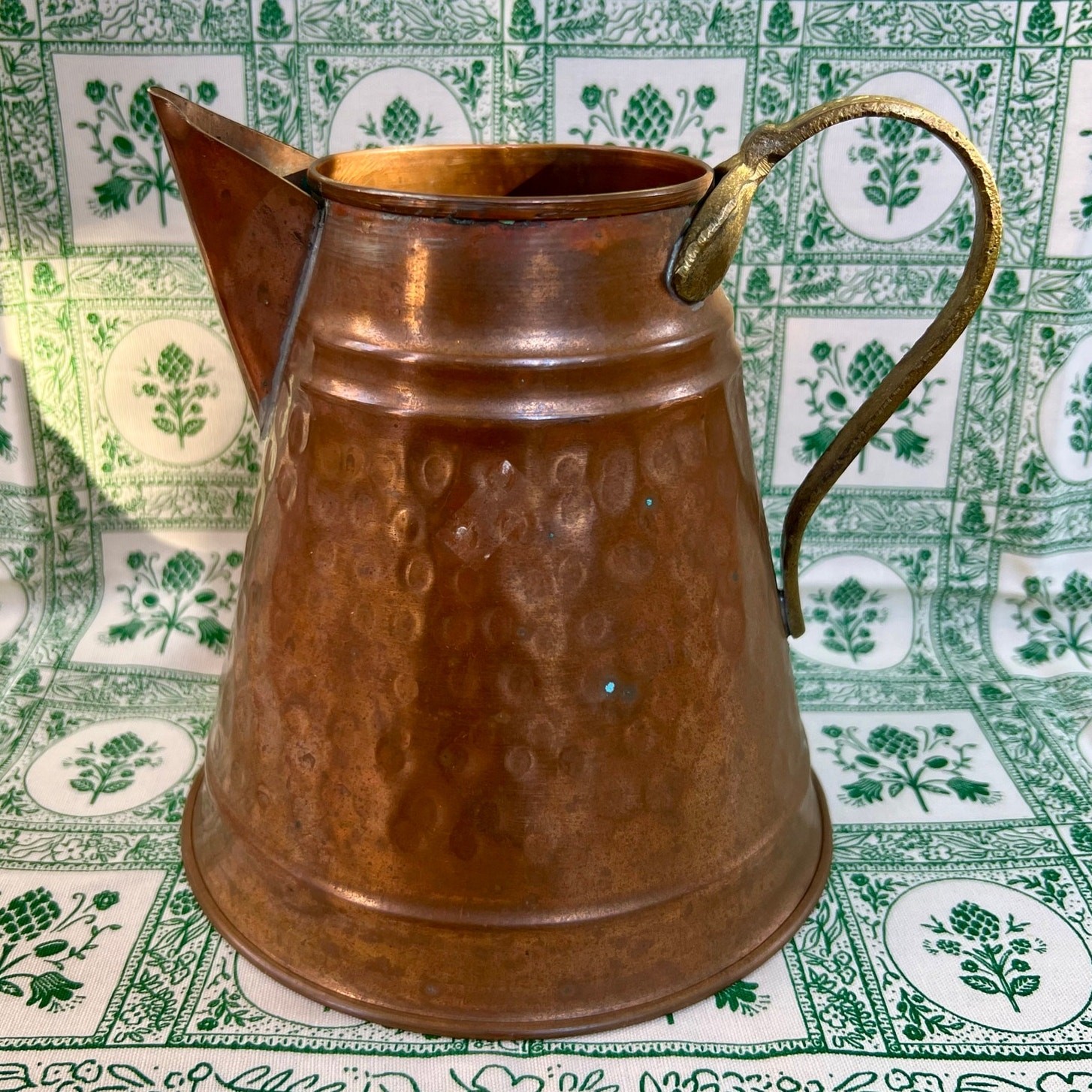 Vintage 1950s Hammered Copper Pitcher Jug Brass Handle Rustic Kitchen Decor