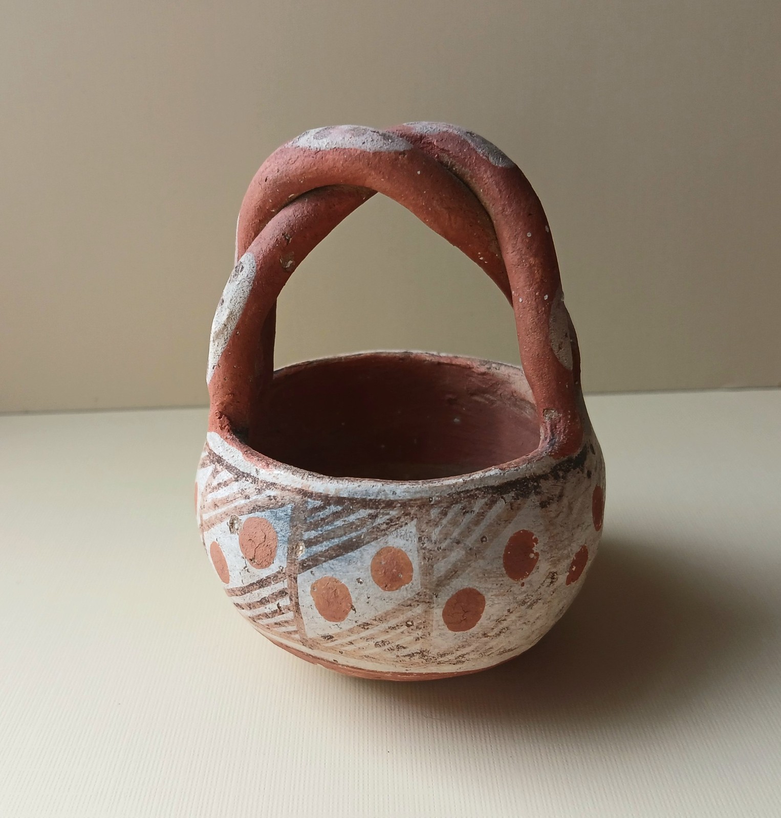 Antique Isleta Pueblo Pottery Basket Twist Handle, Hand Painted Designs, #1