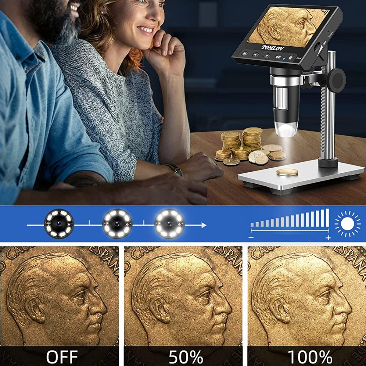 TOMLOV DM4 Digital Microscope 1000X 4.3" Screen 32G Coin Microscope Video/Photo