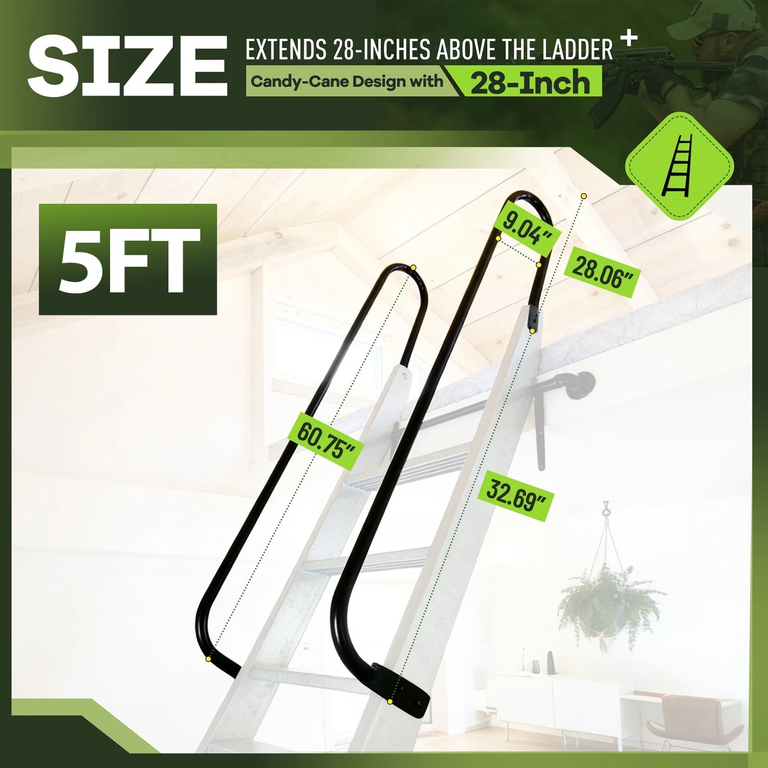 5FT Heavy Duty Step Handrail Black Steel For Indoor/Outdoor Steps & Loft Ladders