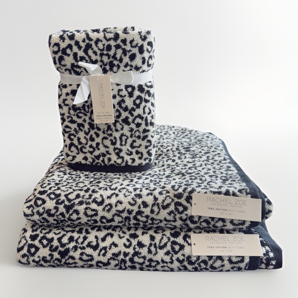 4 Rachel Zoe Animal Print Leopard Cheetah White Black 2 Bath 2 Hand Towels Set 4