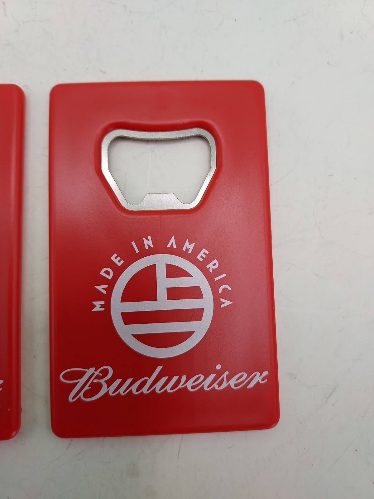 2 Budweiser Made In America W/flag Design Red Plastic Bottle Openers 3.25" Long