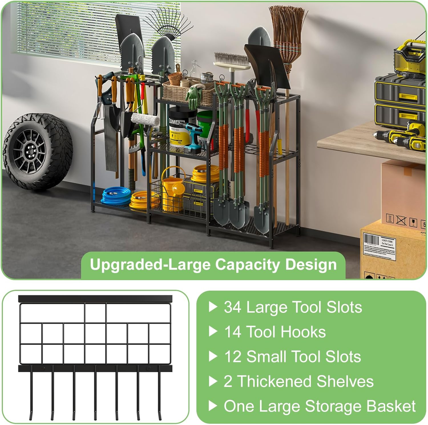 Heavy Duty 3-Tier Garden Tool Organizer Rack with Hooks Storage Shed Garage