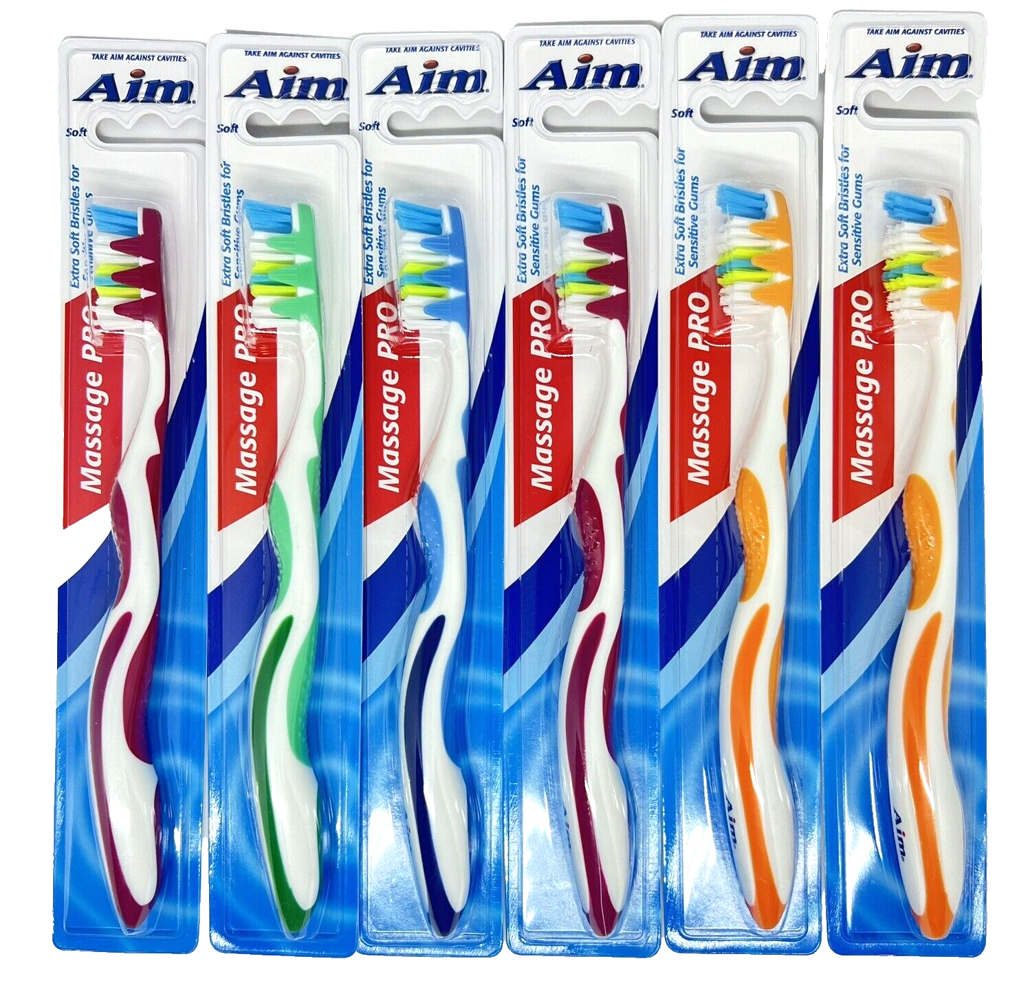 Aim Massage Pro Soft Bristle Standard Toothbrush 6 Pack Individually Carded Asst