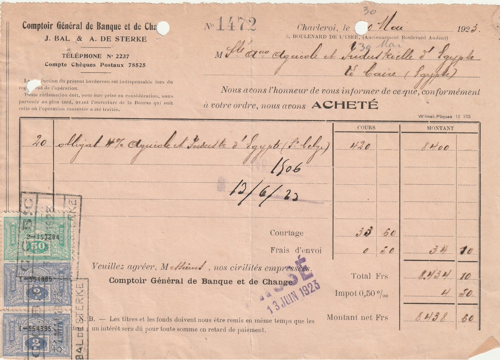 BELGIUM Rare Revenues 50c. & 2X 2Fr. tied Bank Receipt 1923