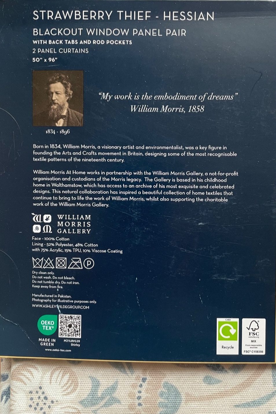 NEW William Morris 2pc BLACKOUT Strawberry Thief Hessian Window Curtain 50"x96"