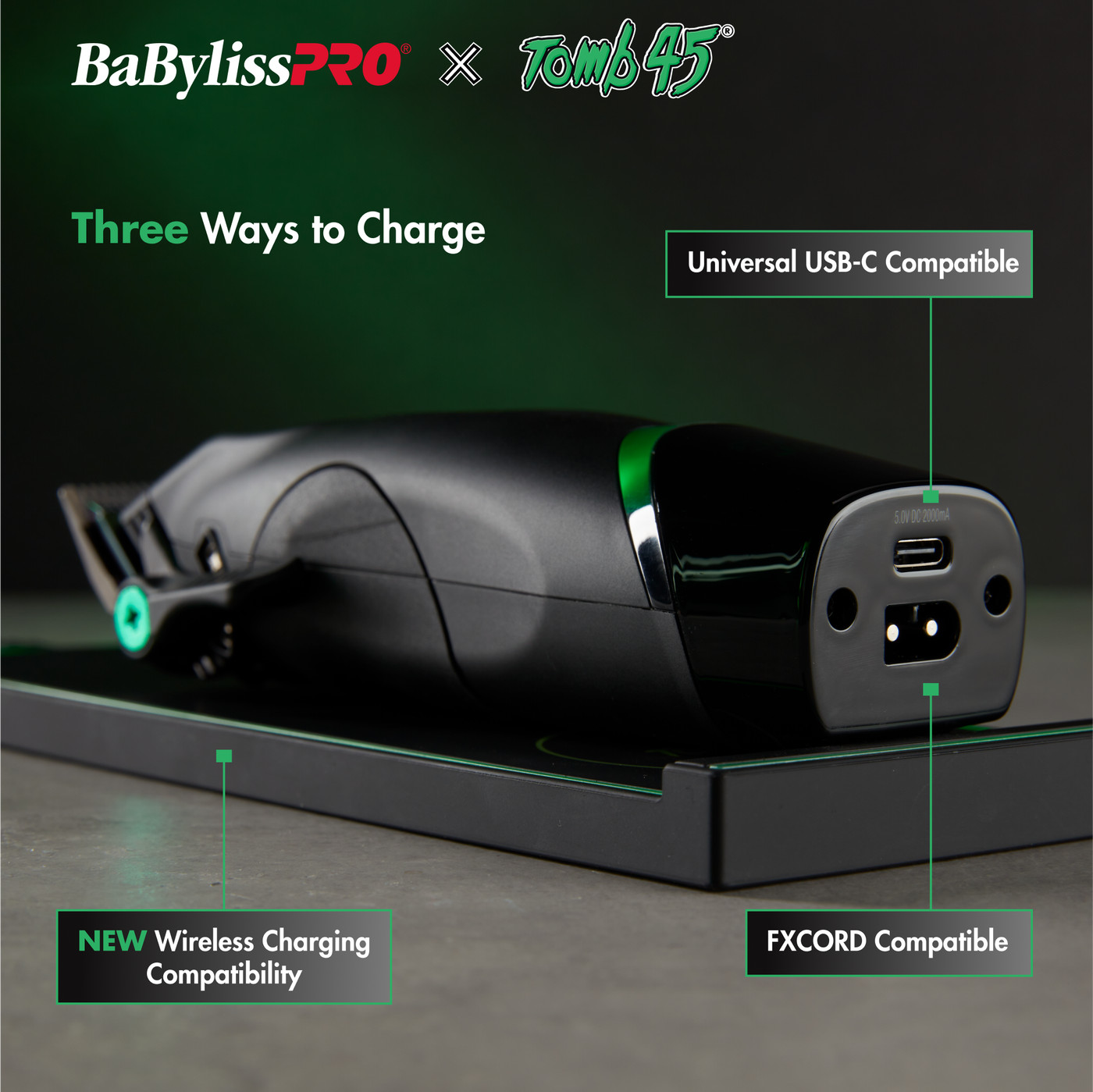 Babyliss Pro X Tomb45 Black Green Wireless Charging Clipper Trimmer +2 Pads