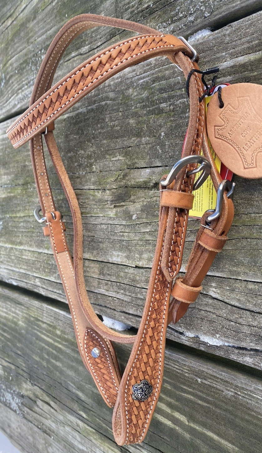 Miniature horse /pony basket tooled Western brow band headstall w/fancy conchos