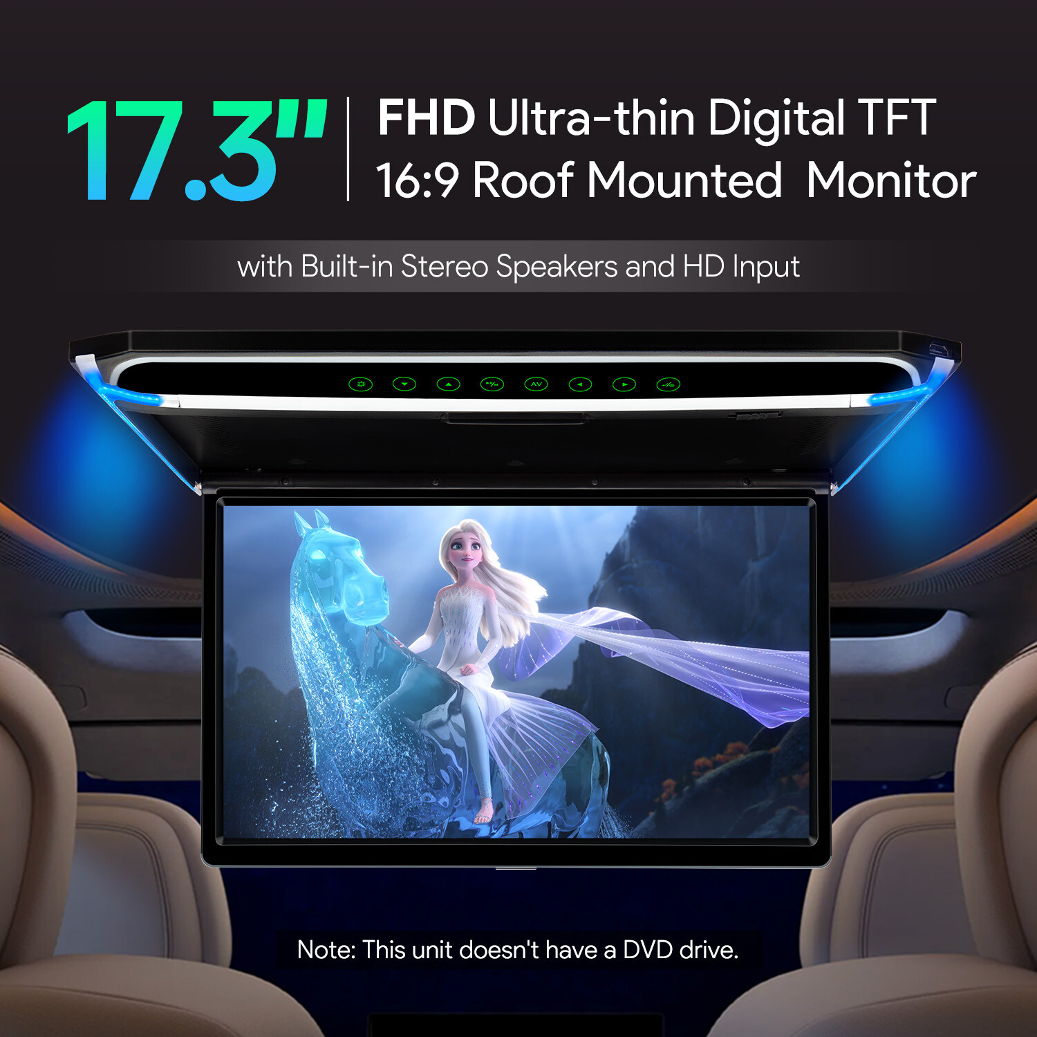 17.3" Car Overhead Ceiling Roof Mount Monitor Flip Down 1080P Video HDMI Player
