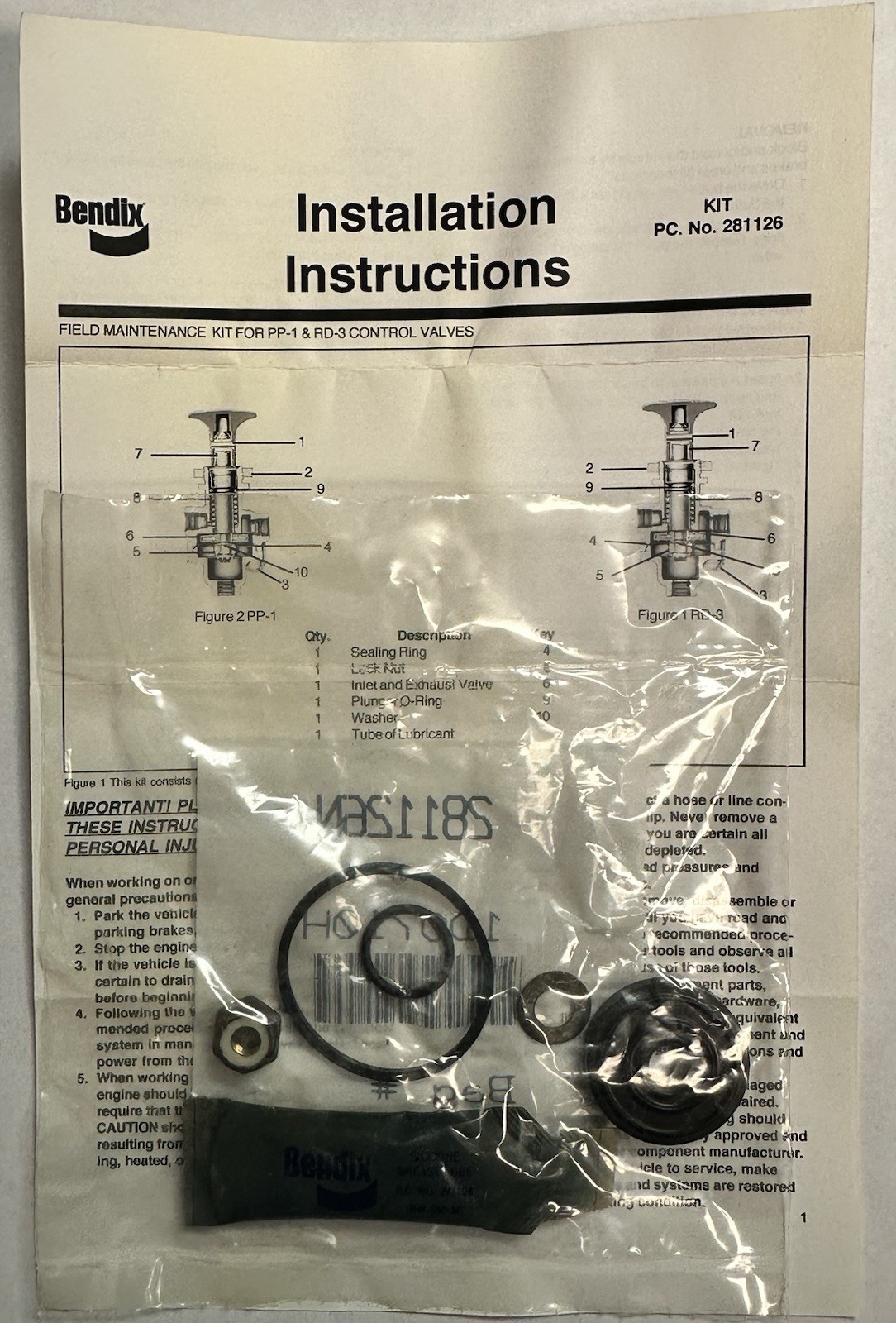 New Genuine Bendix 281126N PP-1 Pressure Control Valve Maintenance Kit