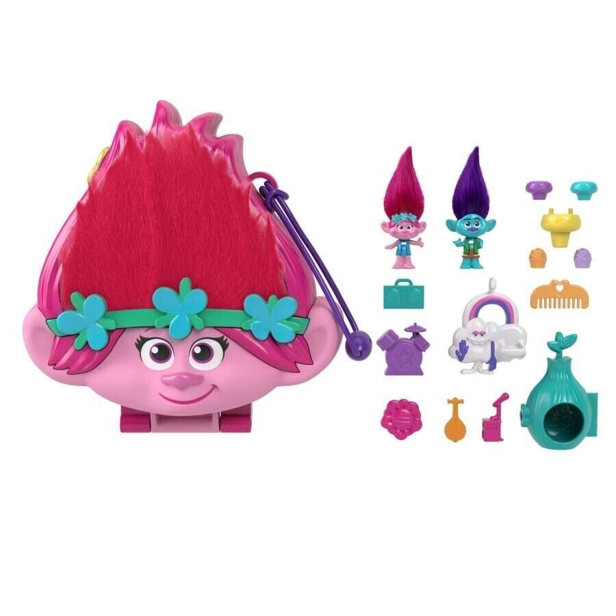 Polly Pocket & DreamWorks Trolls Compact Playset w POPPY & BRANCH & Accessories