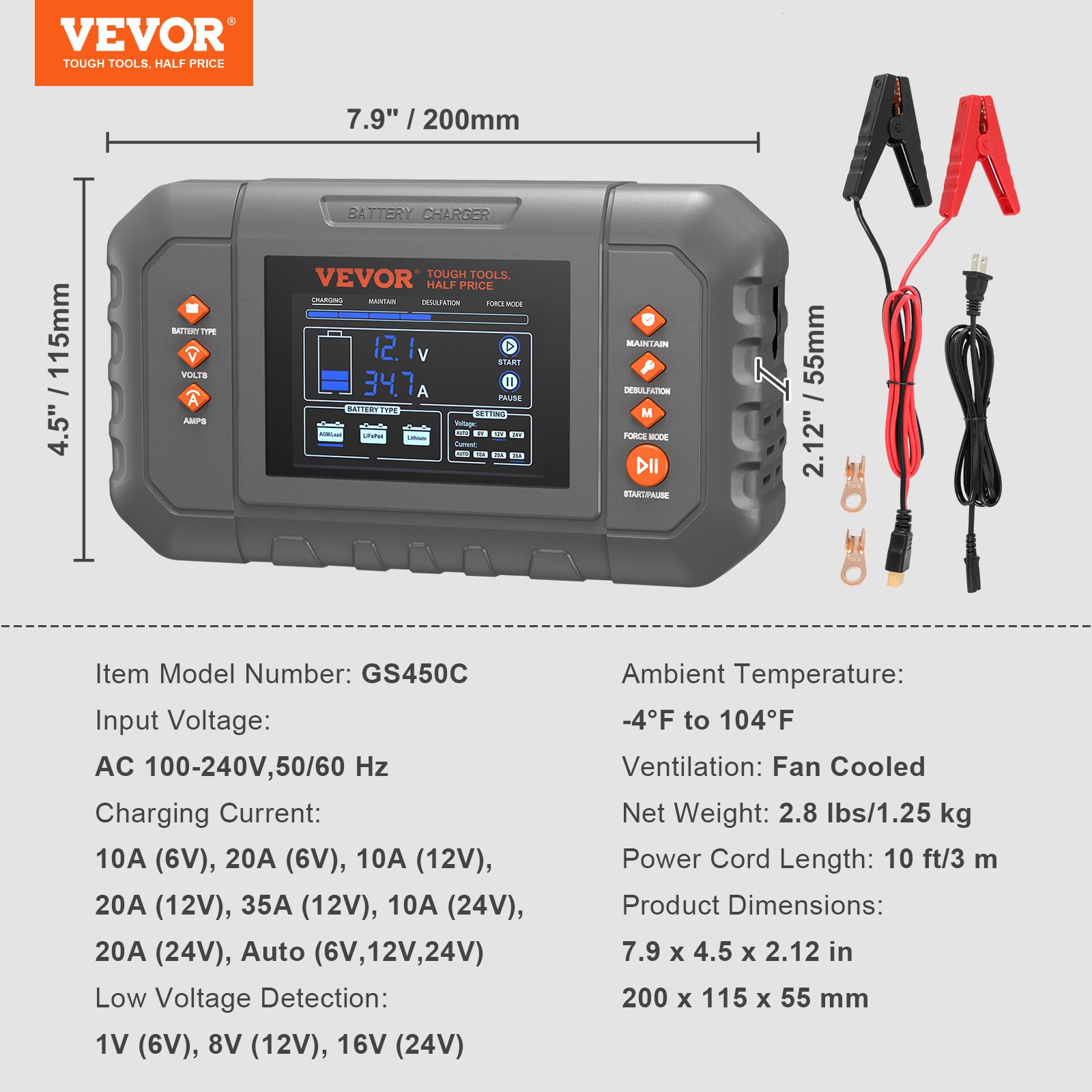 VEVOR Smart Battery Charger 35A Lithium LiFePO4 Lead-Acid Car Battery Charger
