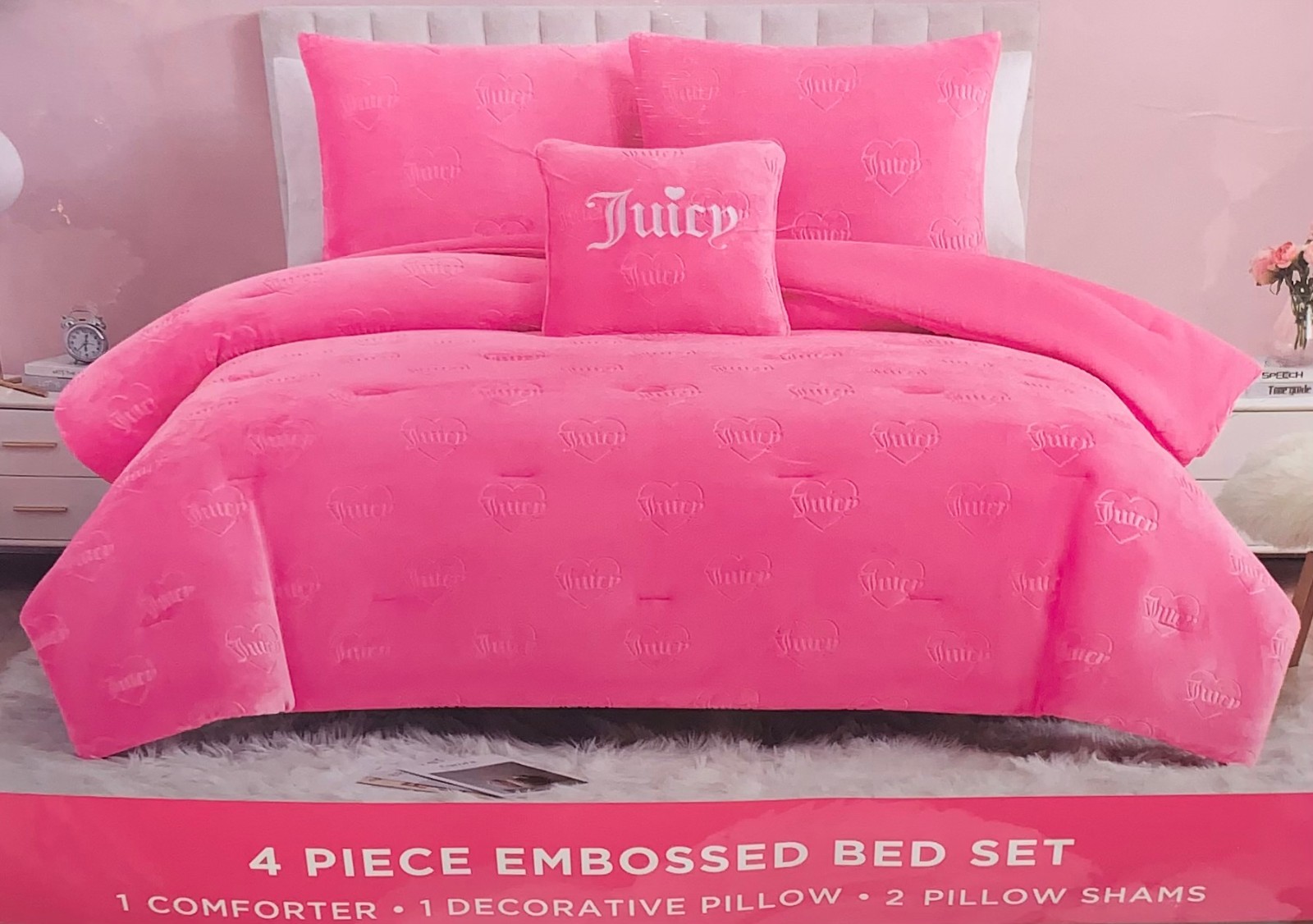 Juicy Couture Hot Pink Logos &Hearts Embossed Plush Soft 4pc QUEEN Comforter Set