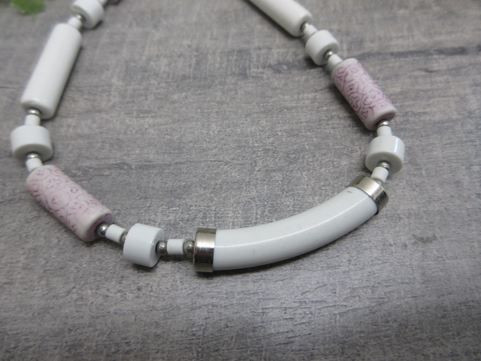 Ceramic Beads Necklace White Pink 24 Inches Native American Inspired Design