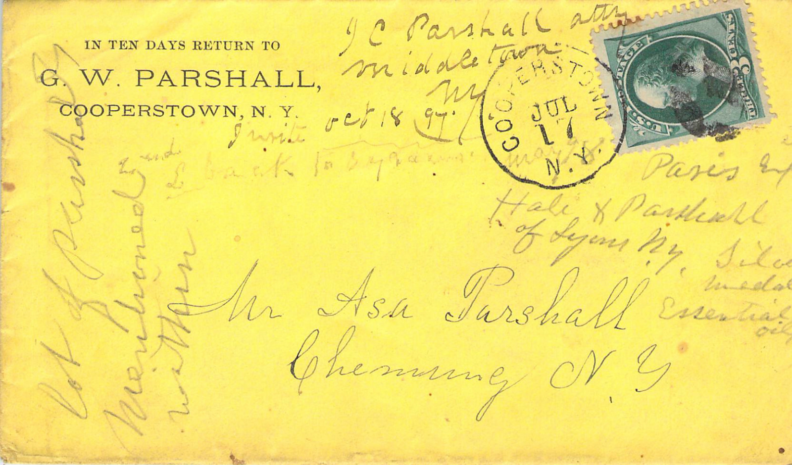 G W PARSHALL COOPERSTOWN NEW YORK CANCEL CRAZY COOL POSTAL HISTORY