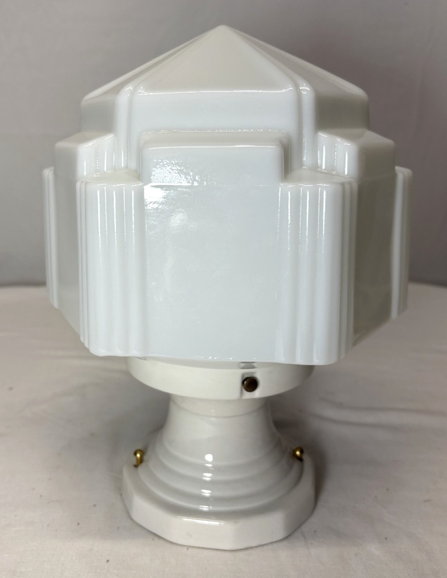 Skyscraper Shade Porcelain Ceiling Light Fixture Vtg Art Deco Glass USA #L44