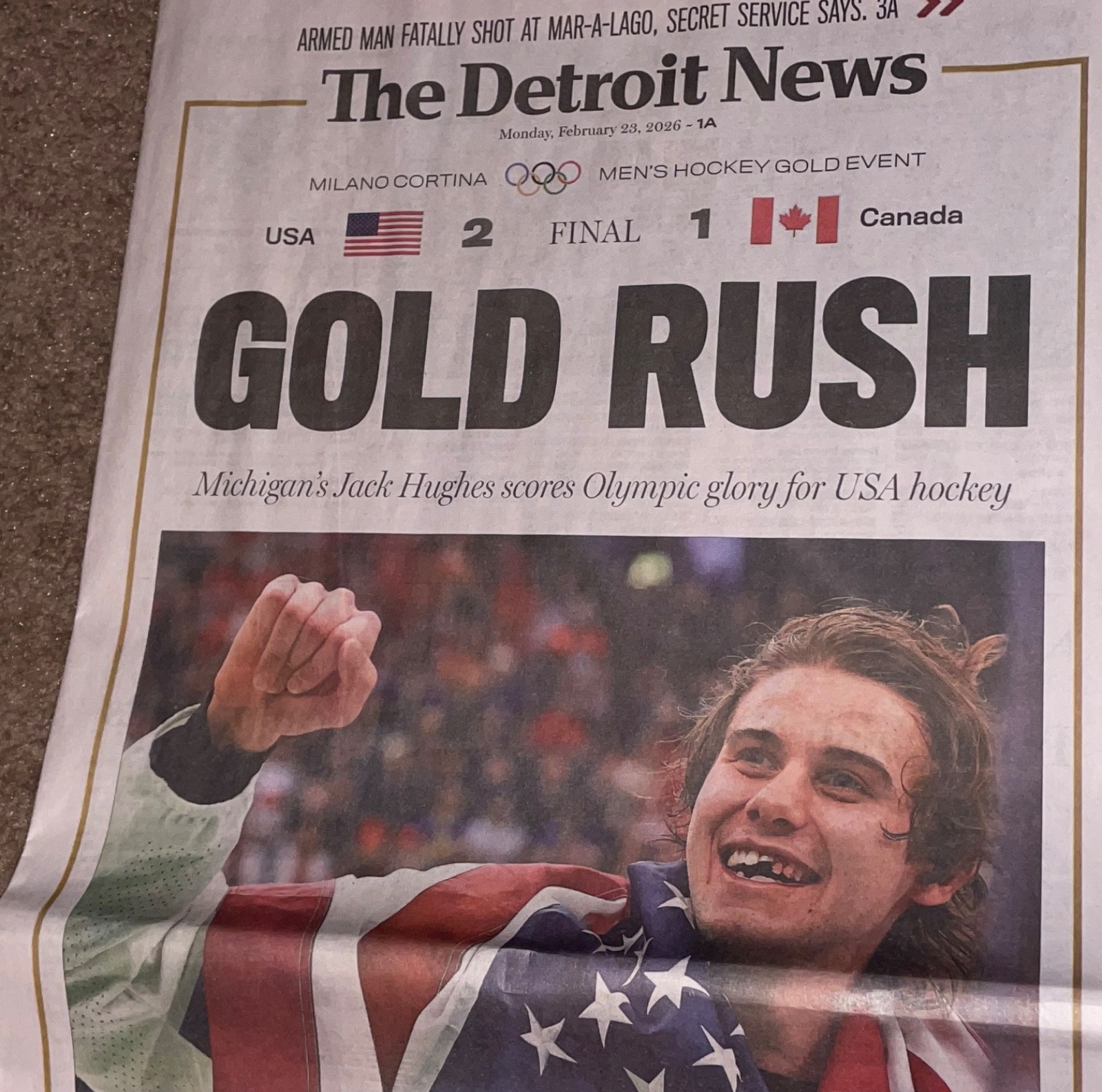 23FEB2026 TEAM USA 🇺🇸 WINS OLYMPIC GOLD RUSH DETROIT NEWS FULL PAPER HOCKEY