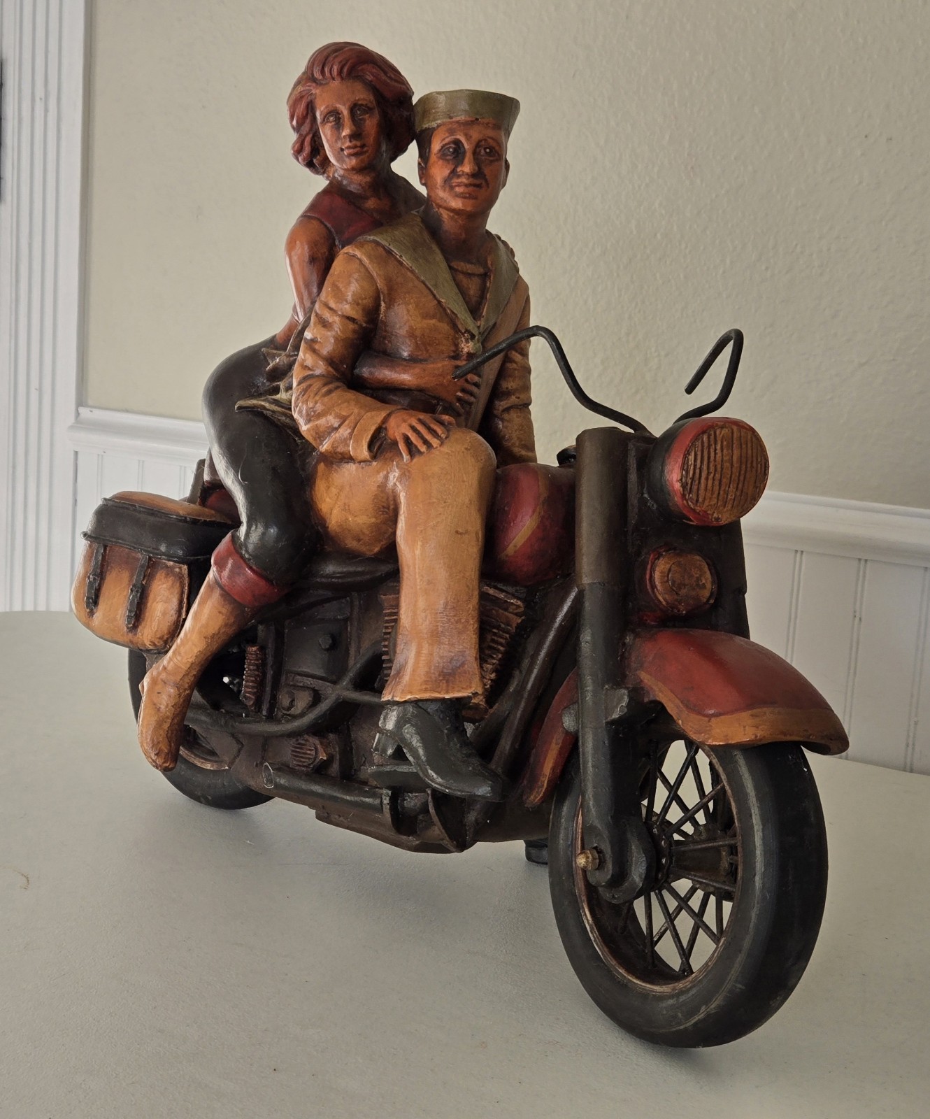 LARGE Wooden Sailor & Date Couple Riding Harley Davidson Motorcycle Sculpture