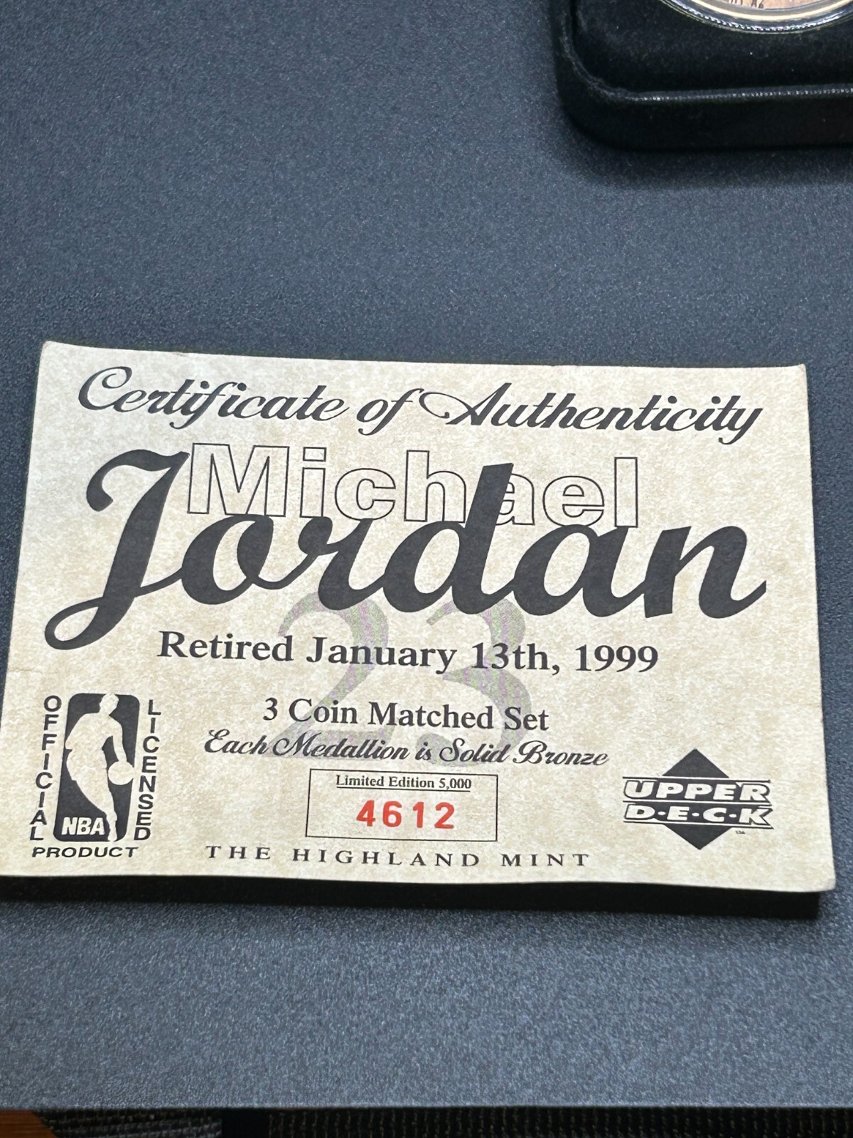 Michael Jordan 1999 Highland Mint Retired 3 Bronze Coin Set #d 4612/5000 w Bonus