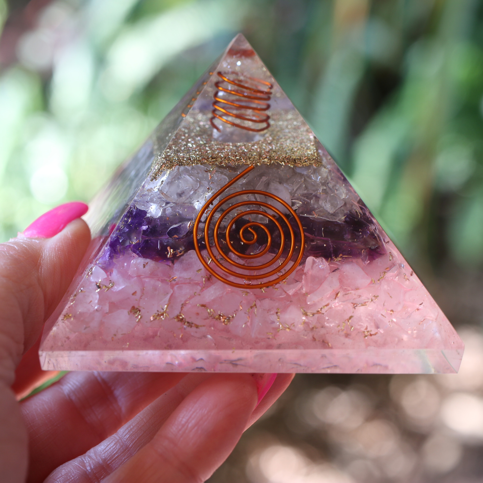 Amethyst Rose & Clear Quartz Orgone Pyramid XL 3in 75mm EMF & 5G Protection