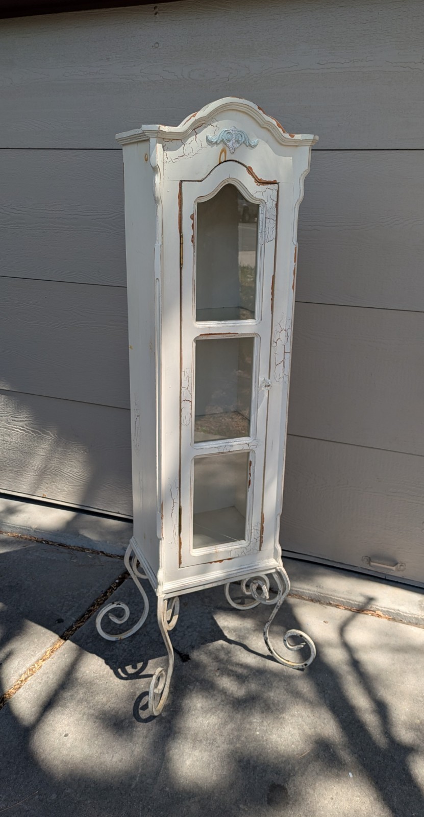 Vintage Shabby Chic French Country Cottage White Curio Display Cabinet Iron Legs