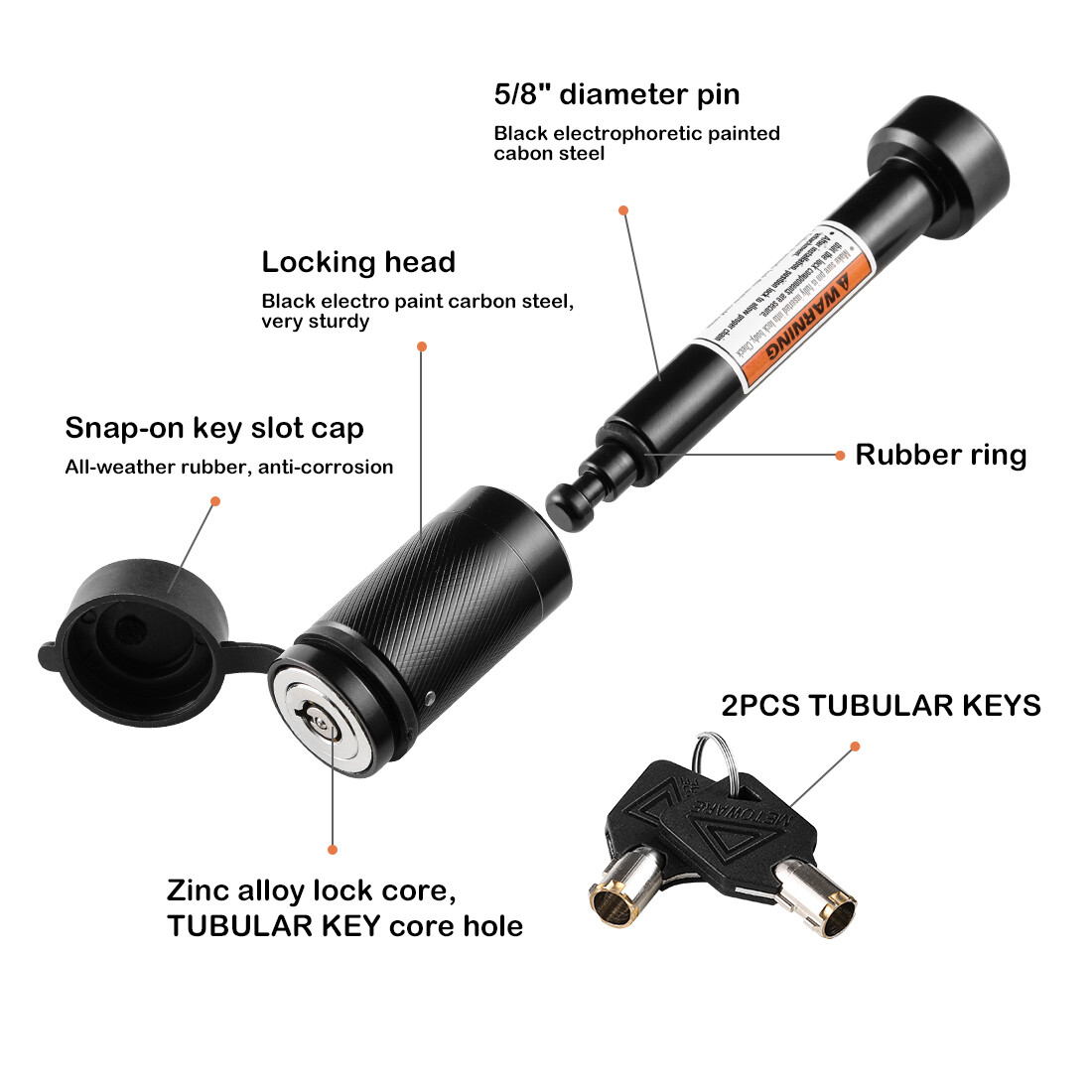 5/8" Black Trailer Hitch Receiver Locking Pin with 2 Keys