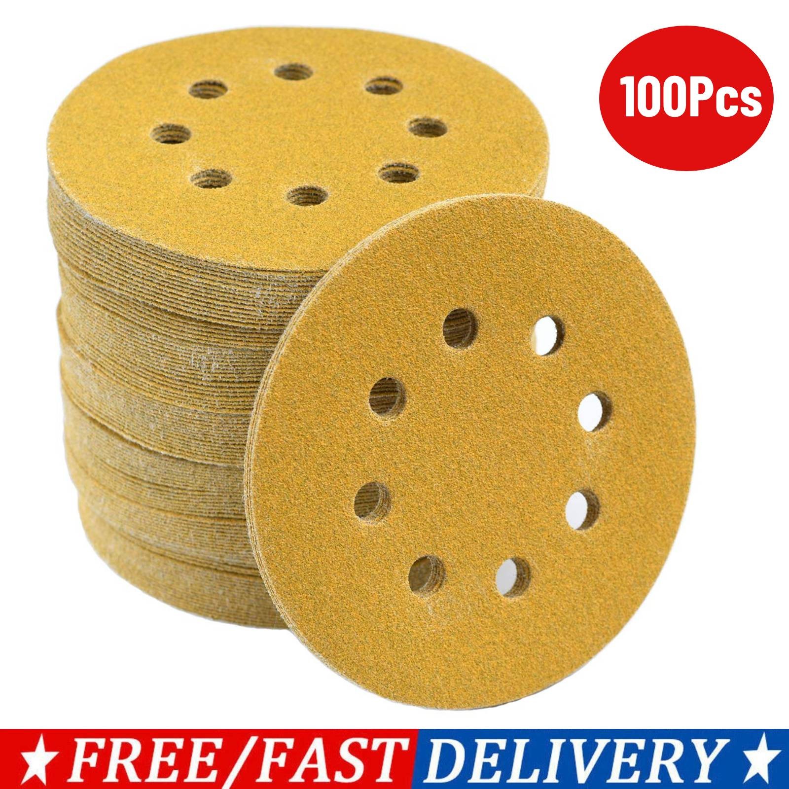 100Pcs 5 inch Sanding Discs 8-Hole Hook Loop for Orbital Sander Paper 80-320Grit
