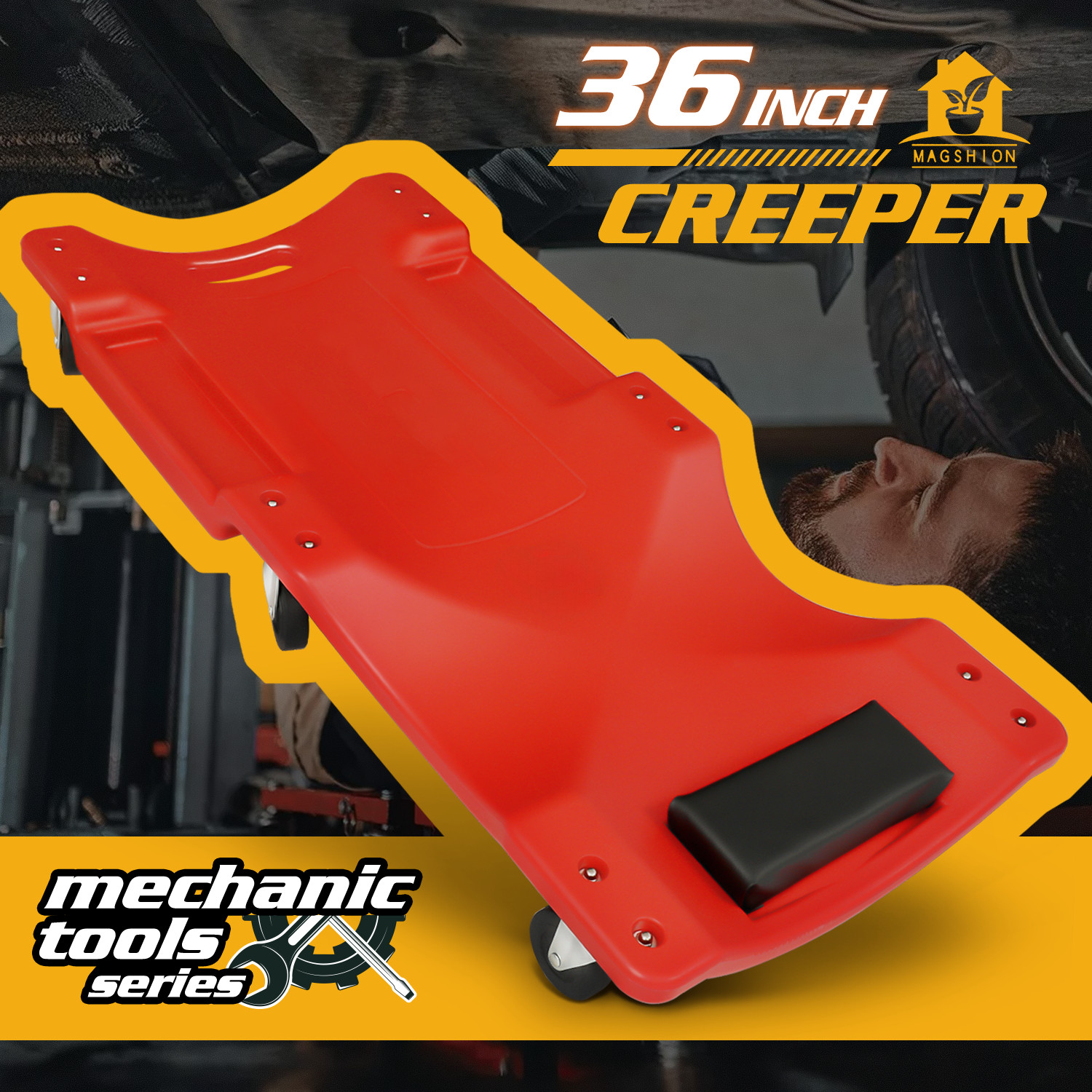 36" Red Rolling Low Profile Creeper Automotive Garage Repair w/Papped Head Rest