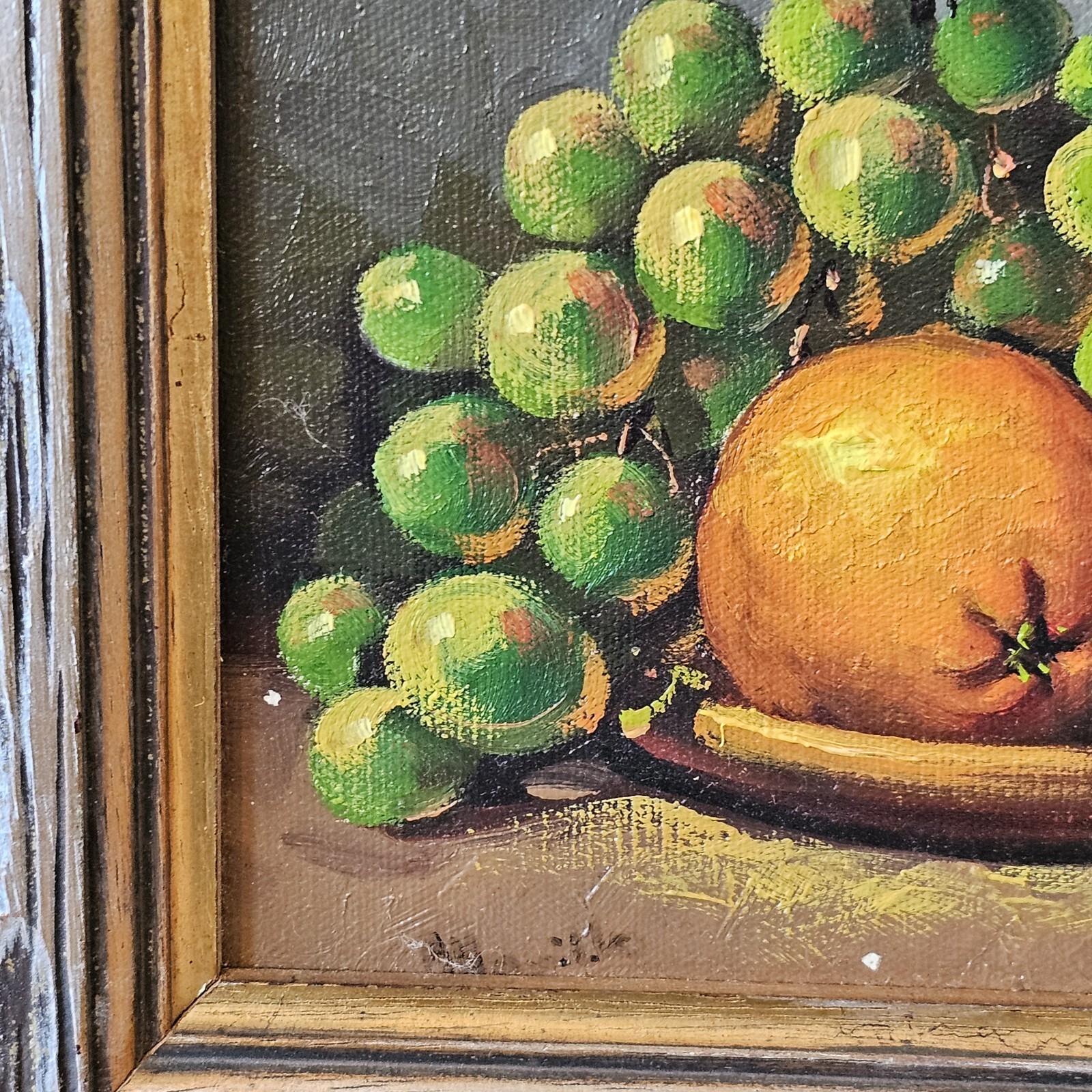Vintage Still Life Fruit Bowl Oil Painting Apple Canvas Wood Frame Midcentury