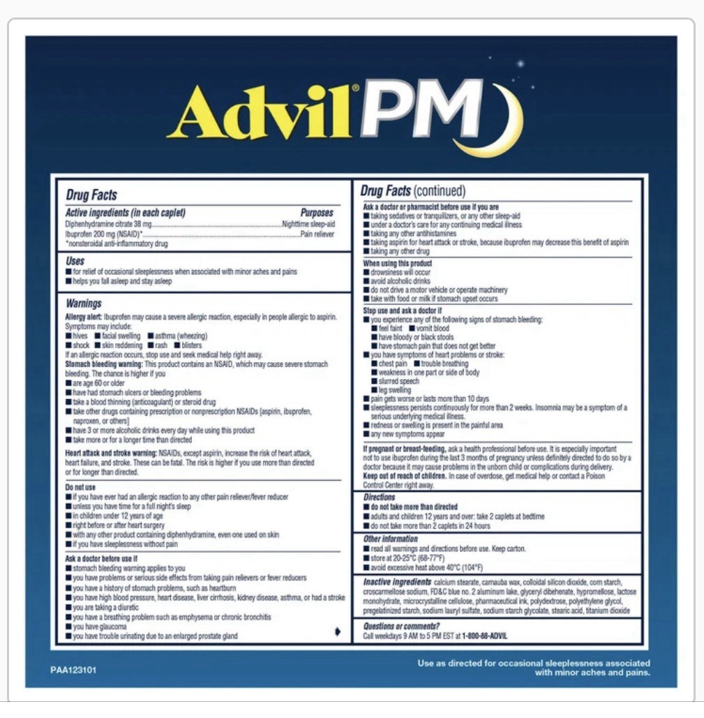 Advil PM Ibuprofen 200mg Pain Reliever & Nighttime Sleep-Aid 200 Caplets 2027