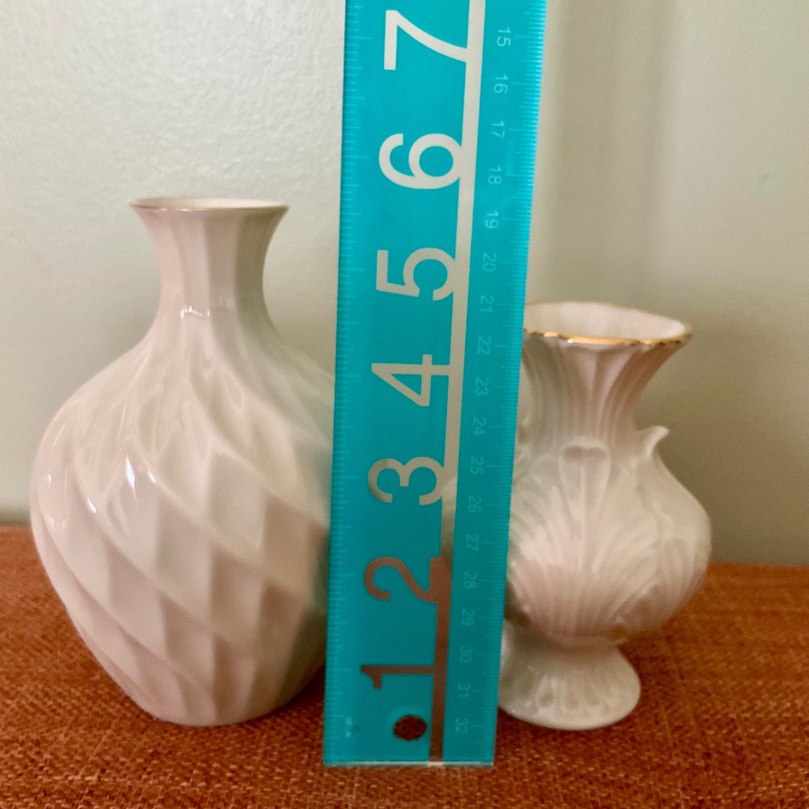 Lenox Ivory Fine China Bud Vase Set 24k Gold Trim Swirl Leaf Embossed Made USA